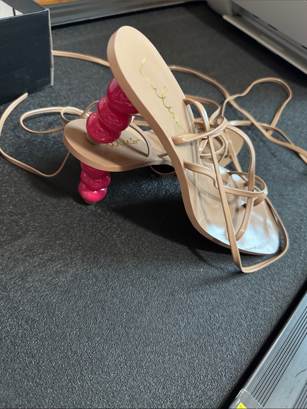 Lulu's Nude Strappy Sandals with Hot Pink Sculpted Heel